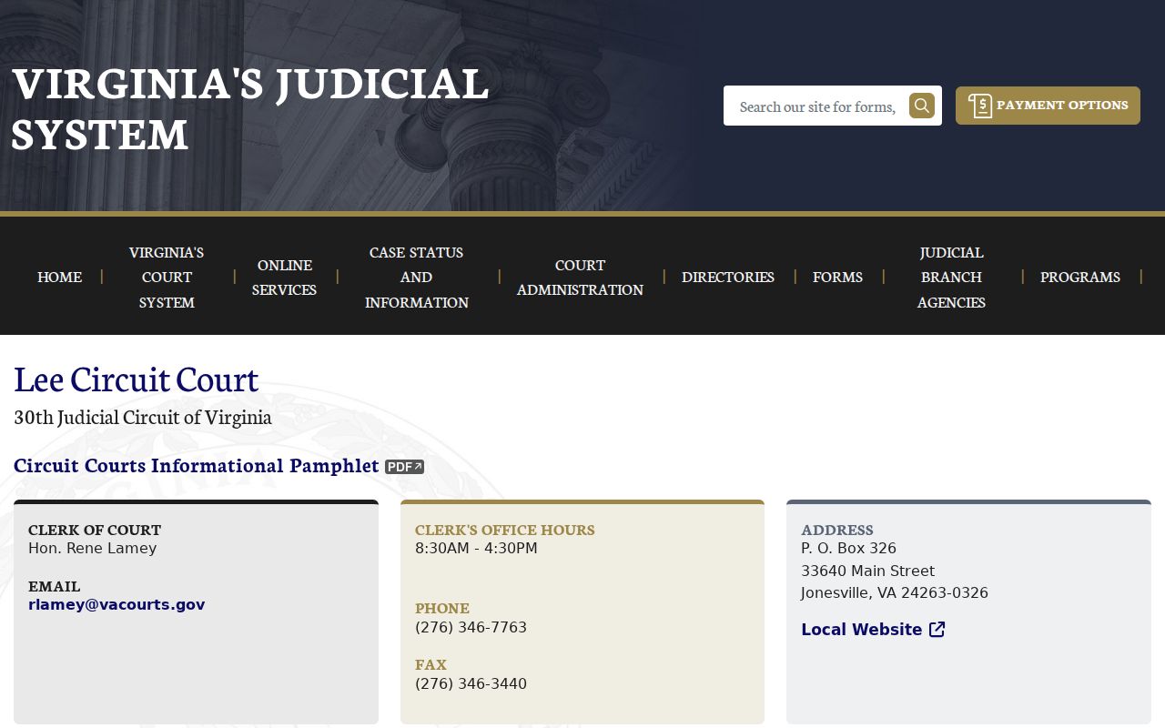 Jonesville warrant records, Lee Circuit Court case information page