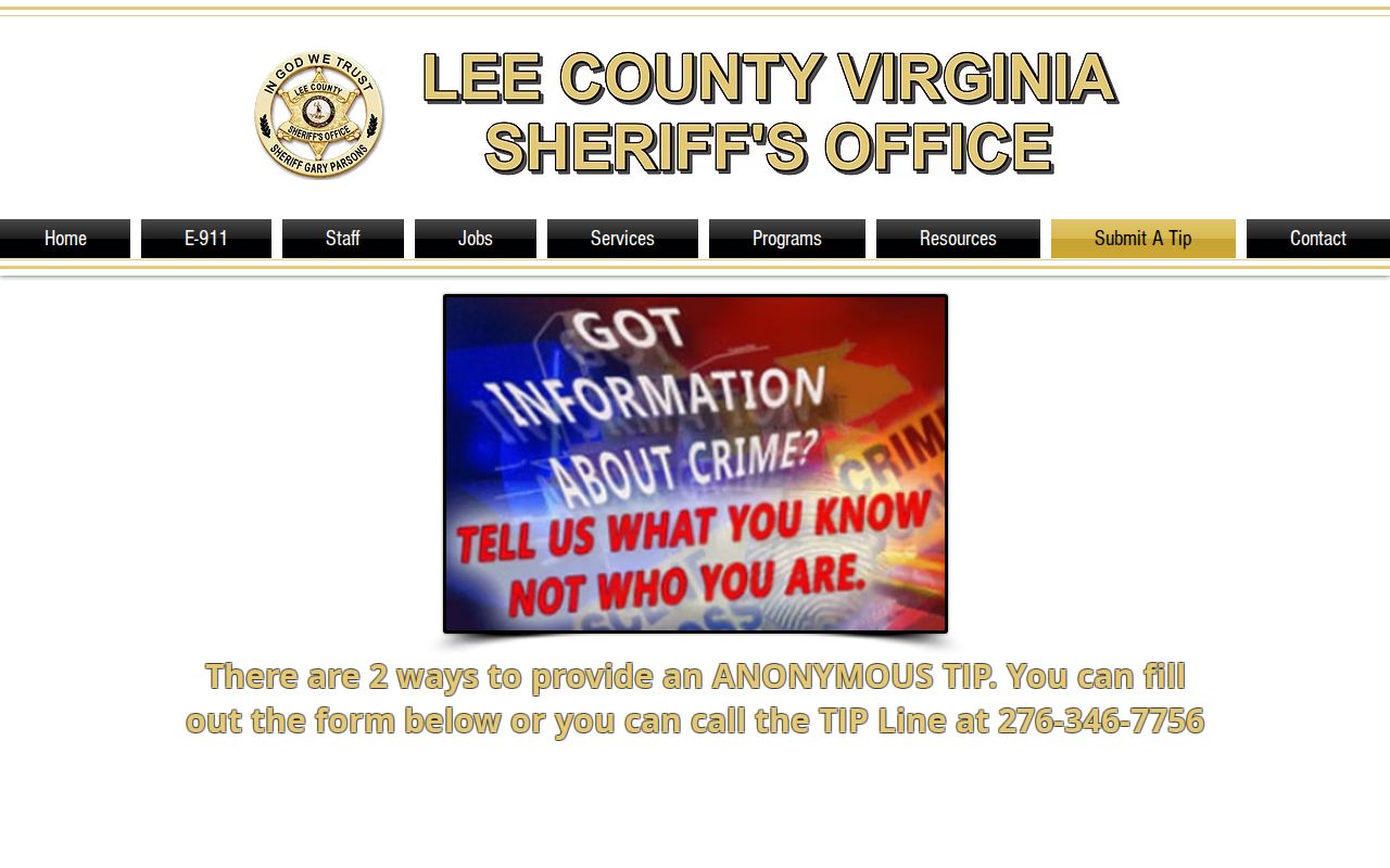 Lee County most wanted warrant records, anonymous tip form page