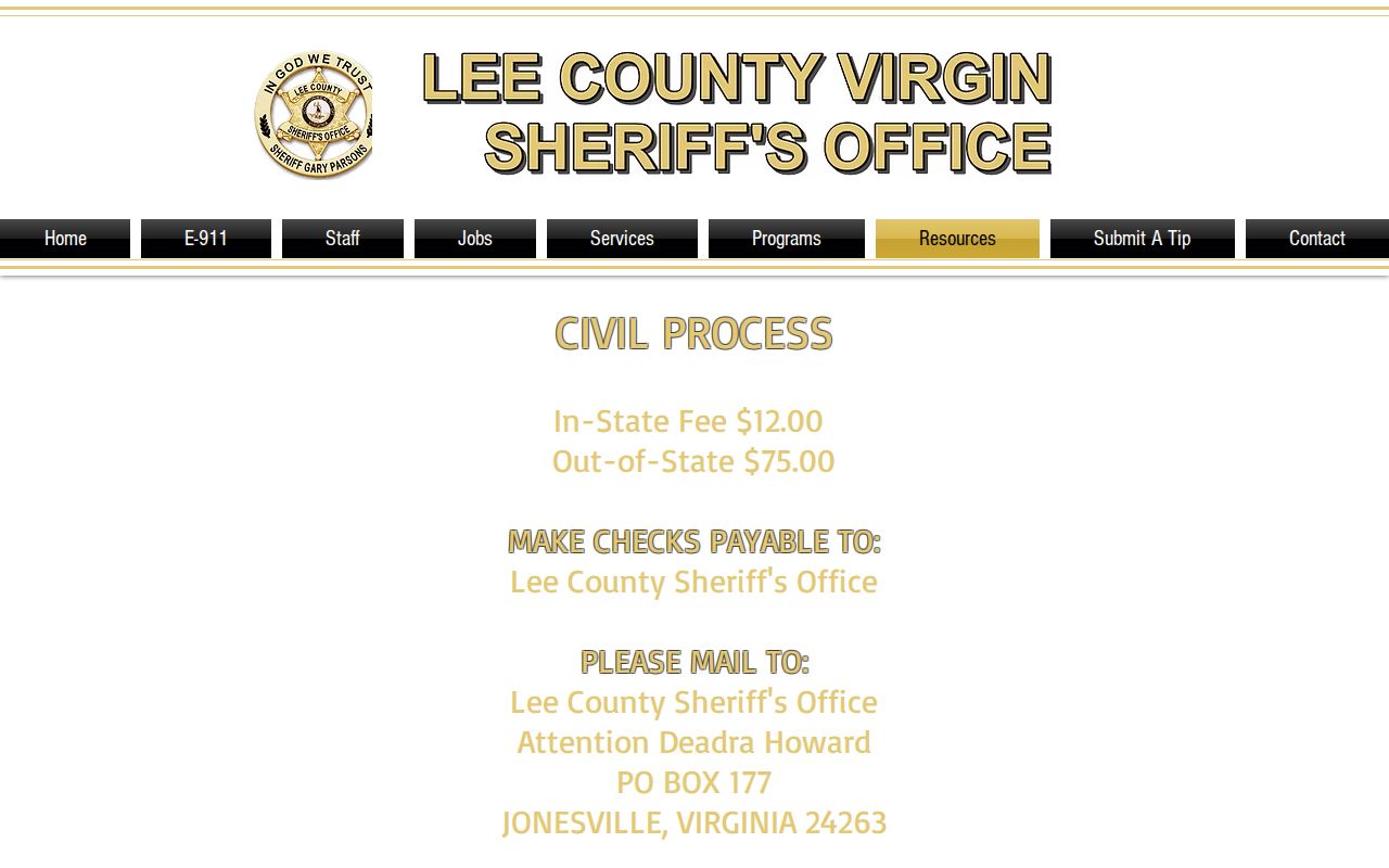 Lee County traffic warrant records, sheriff civil process fee page