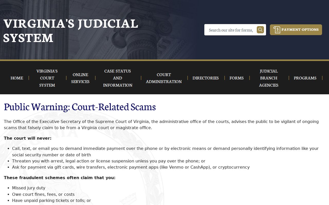 Lee County traffic warrant records, Virginia courts payment scam notice