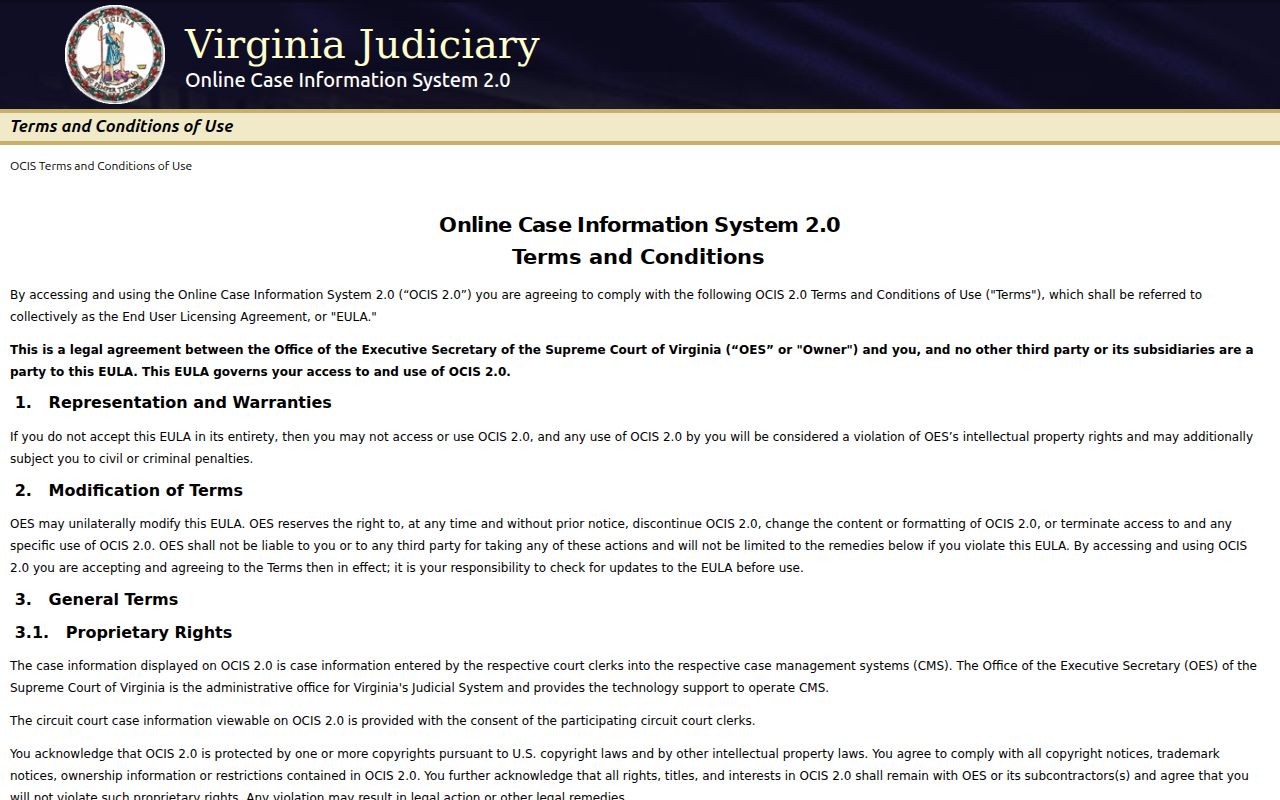 Lee County warrant search, Virginia OCIS court selection page